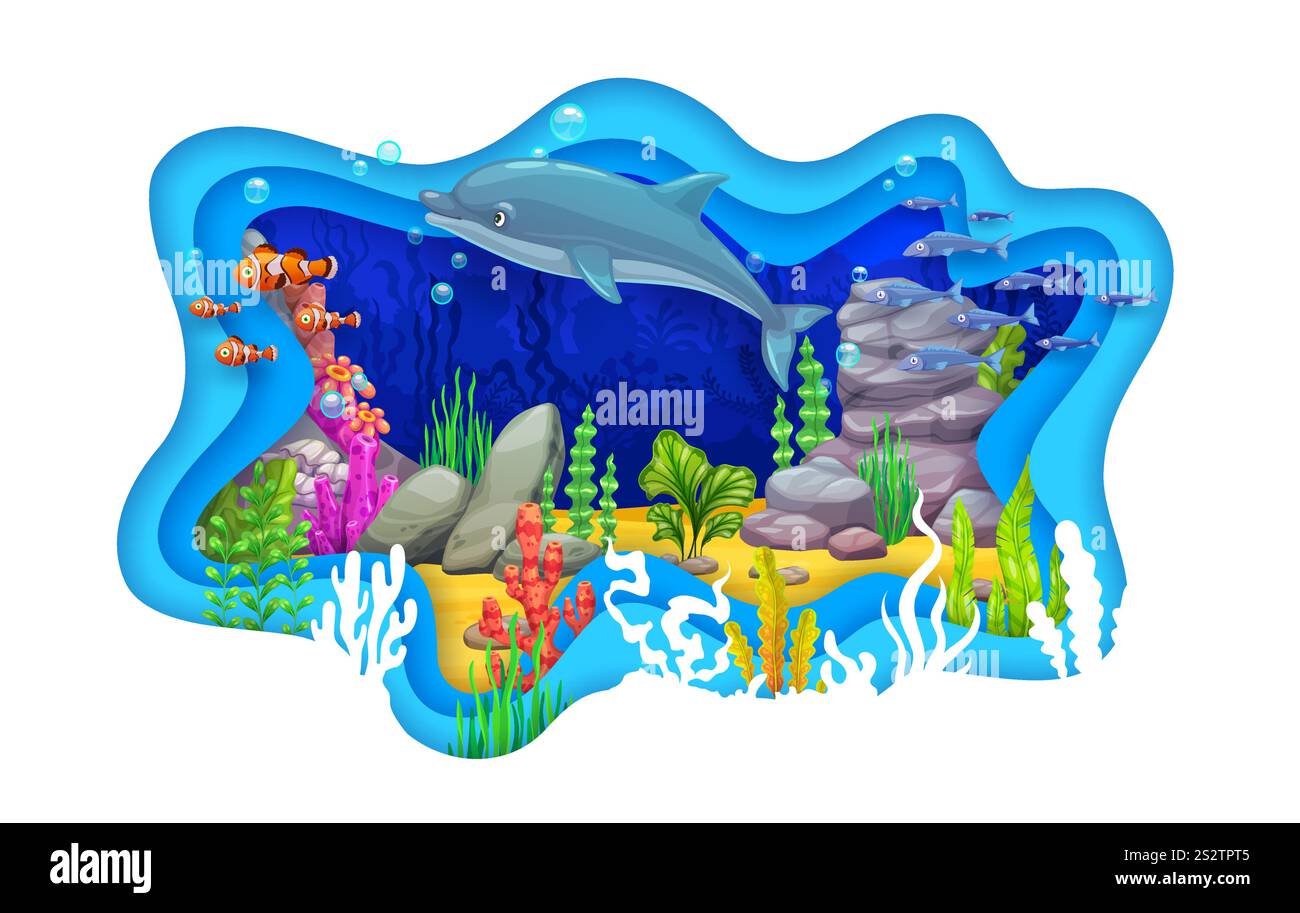 Paper cut underwater landscape with dolphin and fish shoals. Cartoon ...