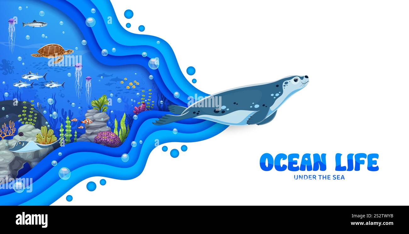 Paper cut underwater landscape with sea animals, fish and seaweed ...