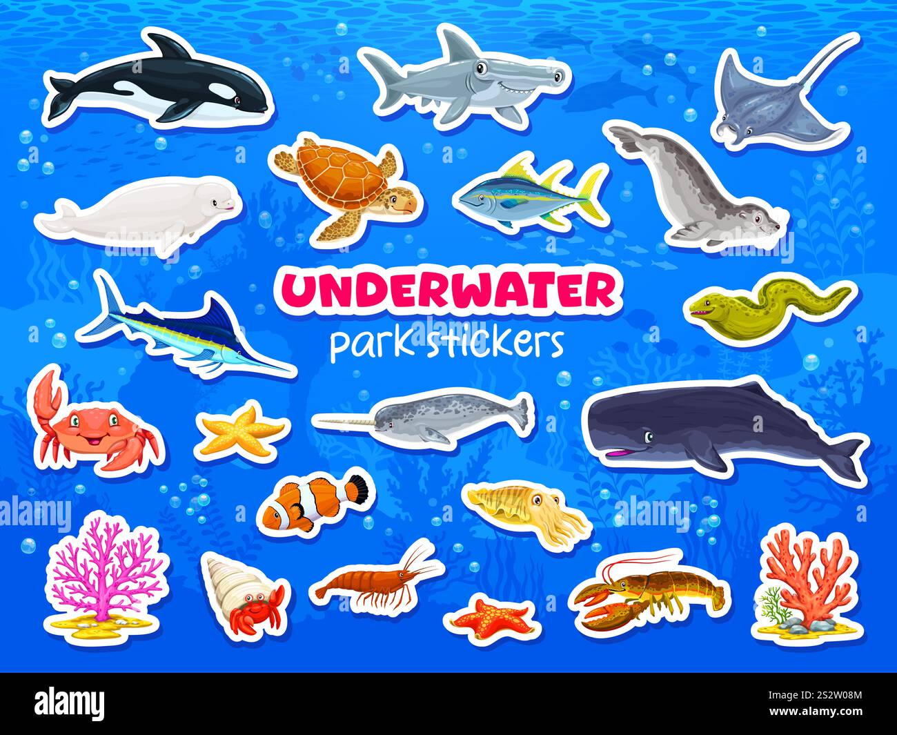 Underwater animal stickers of cartoon undersea park fishes, vector ...