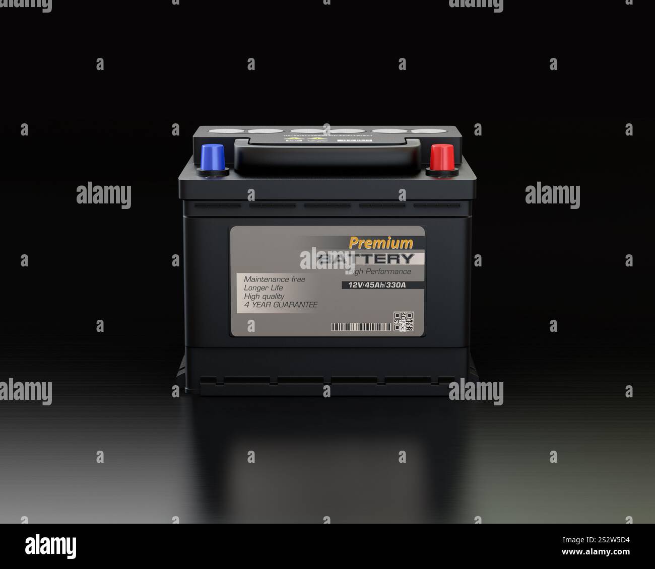 Front image of black car battery with black background Stock Photo - Alamy