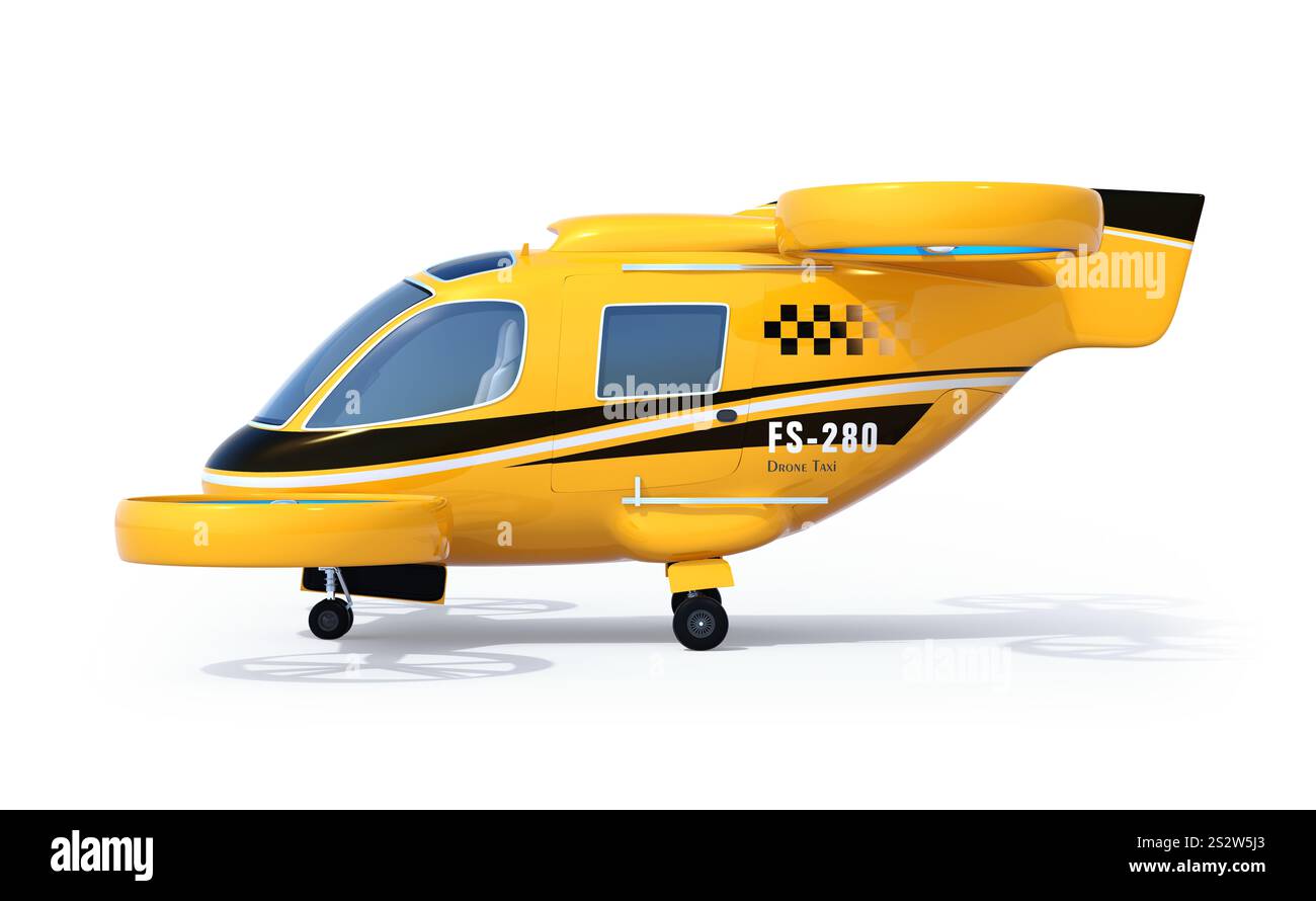 Image of drone taxi in yellow on white background Stock Photo