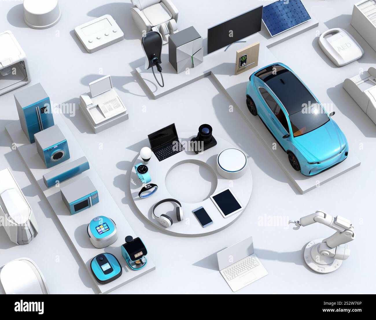 Smart appliances and electric car arranged in IoT letters on white ...
