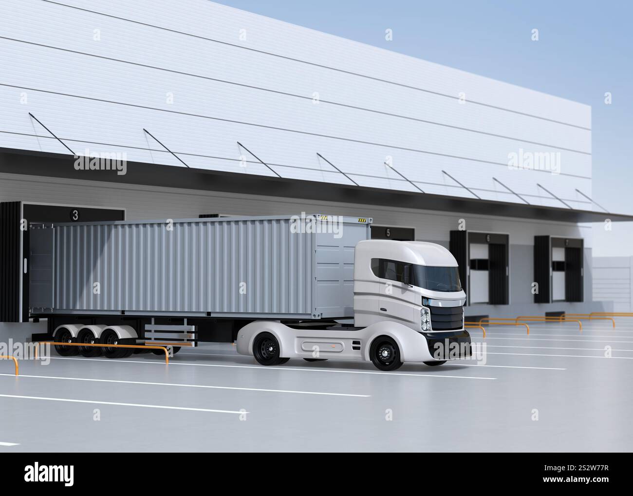 Image of white electric truck in front of logistics centre truck ...