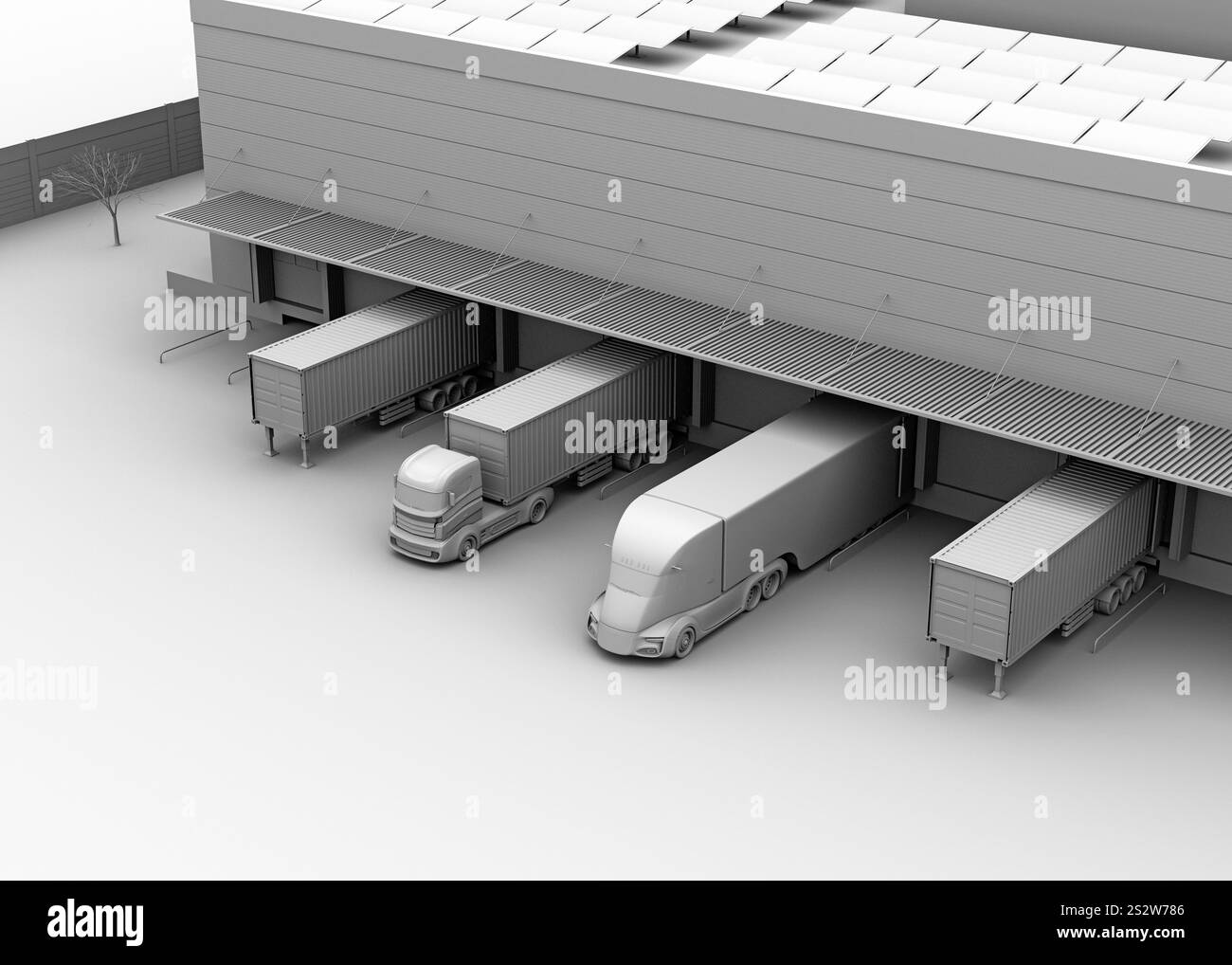 Clay-shaded image of an electric truck in front of the logistics centre ...