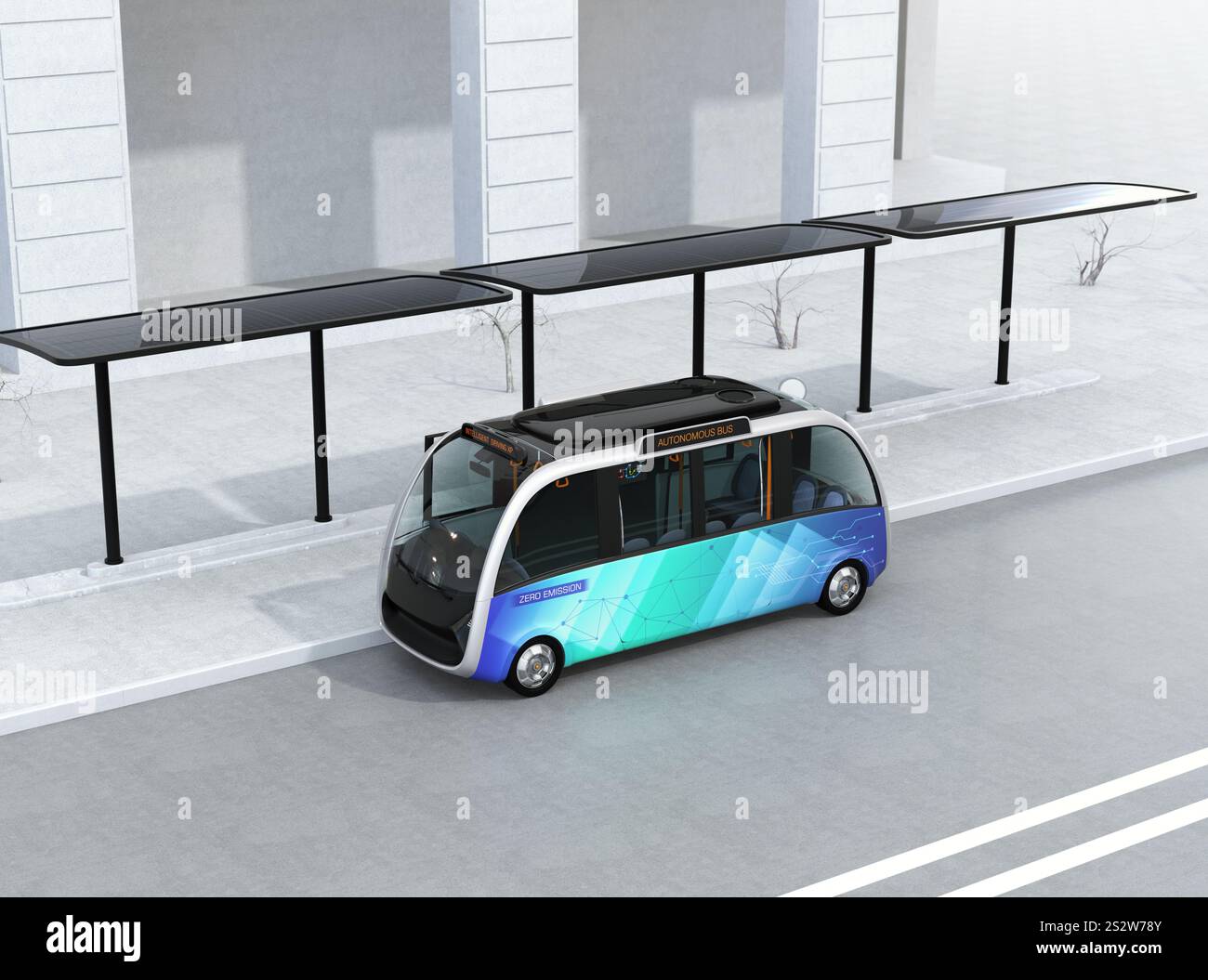An automated shuttle bus stopping at a bus stop equipped with solar