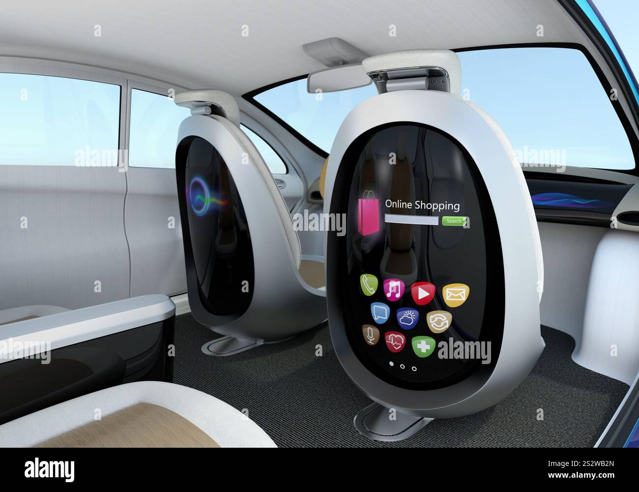 Interior image of an automated car. The display at the rear of the seat ...