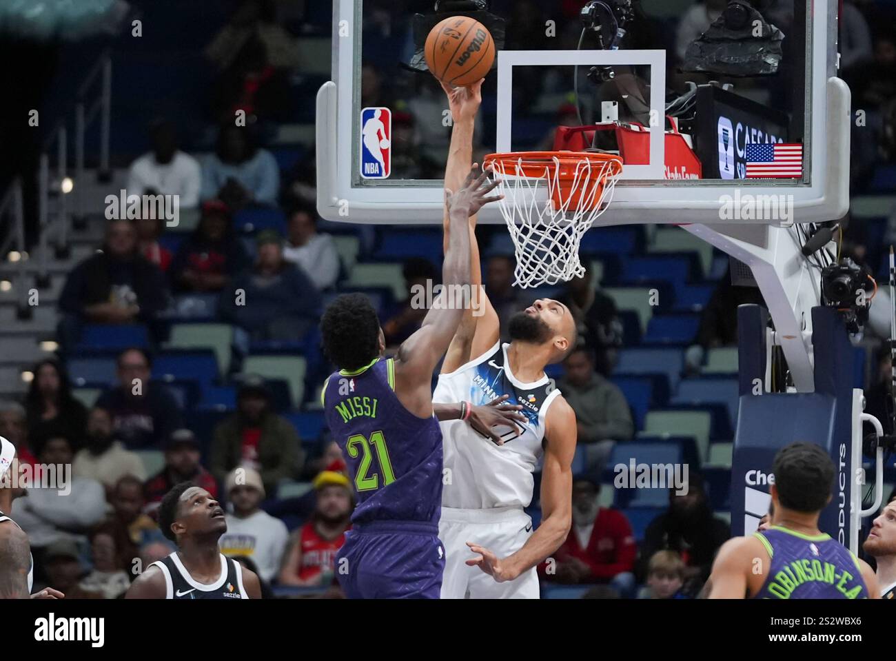 Minnesota Timberwolves center Rudy Gobert blocks a shot by New Orleans