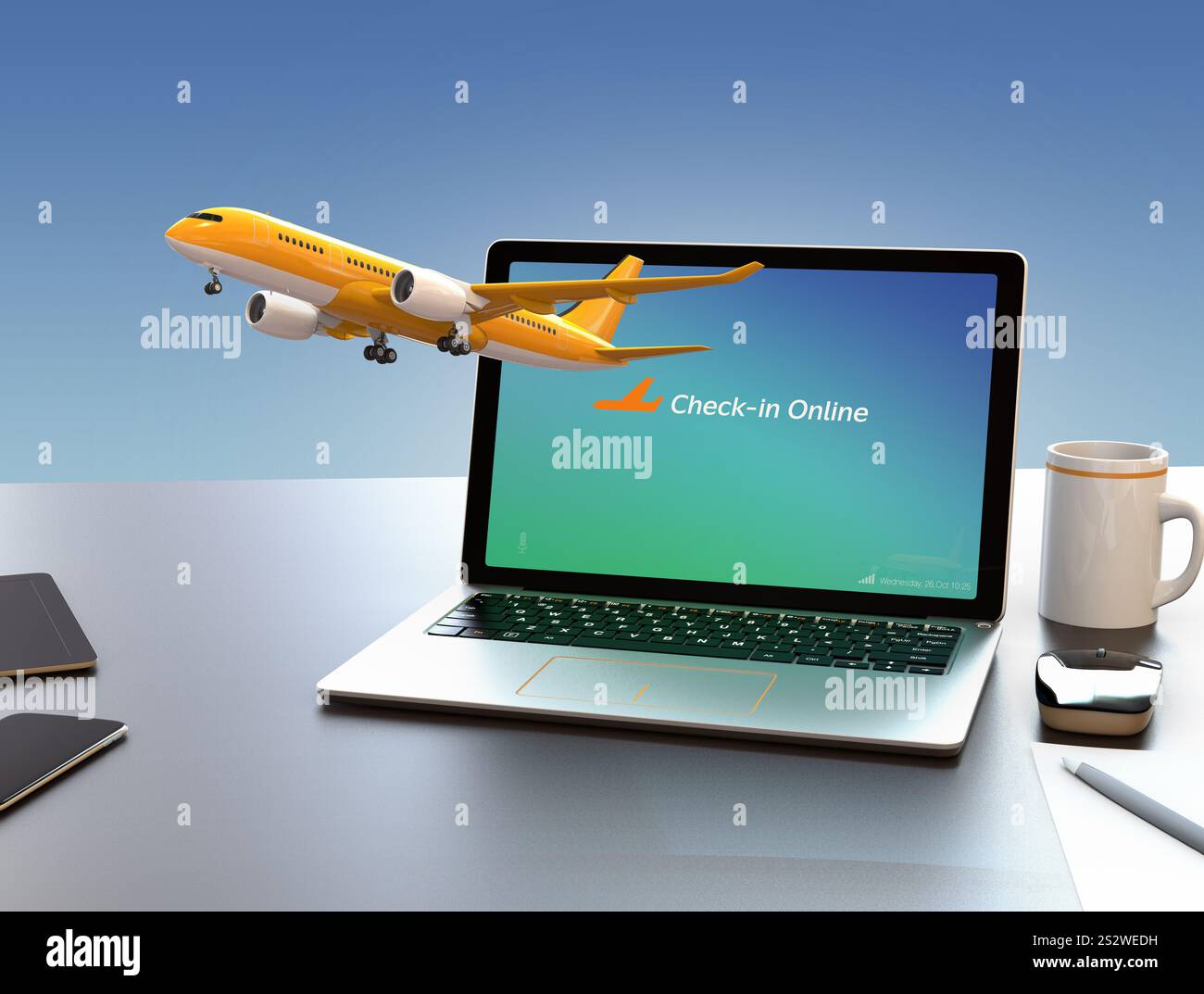 Image of an aeroplane taking off from a laptop computer. Concept of ...
