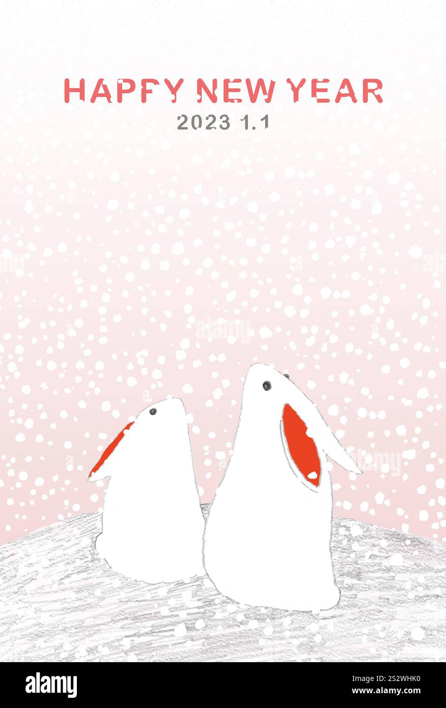 New Year's card illustration of two cute white rabbits watching the ...