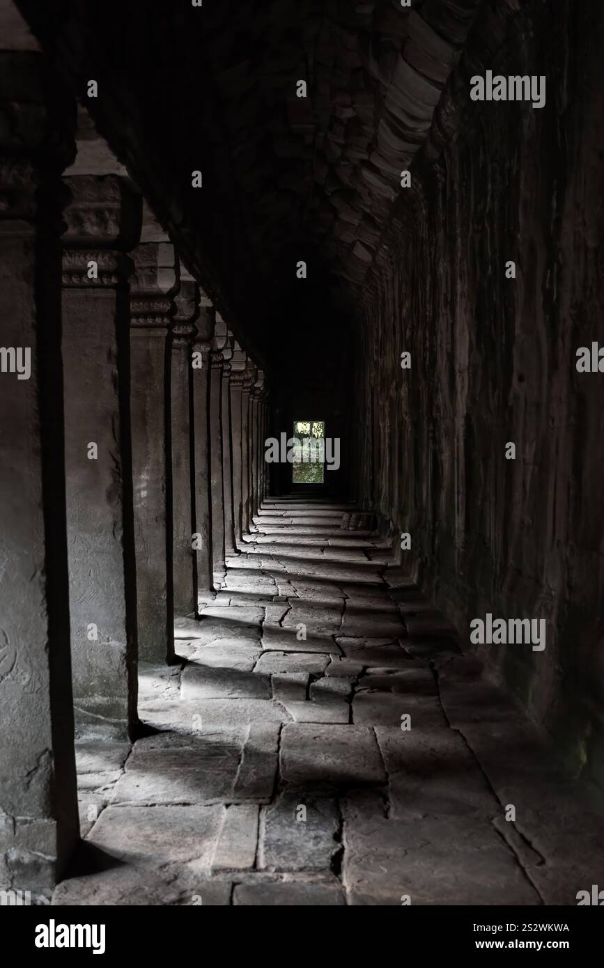 Diagonal lighting in old hallway at Ta Prohm Temple, Angkor, Cambodia Stock Photo