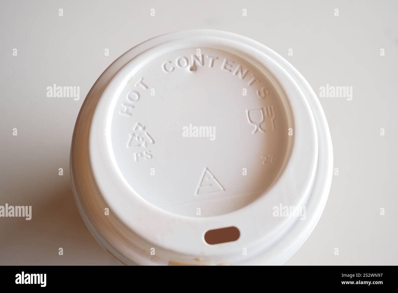 Coffee cup lid with caution hot and recycling symbols for ...