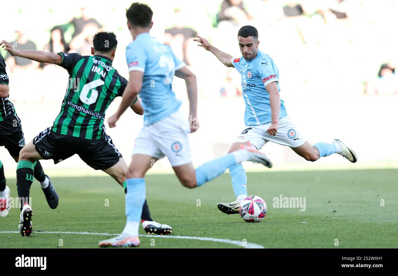 Benjamin Mazzeo of Melbourne City FC shoots at goals during the A