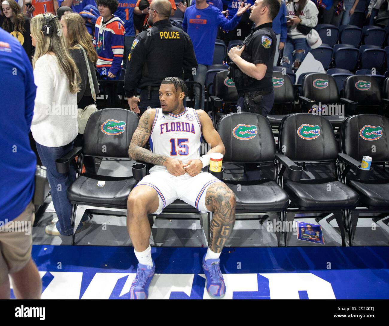 Florida guard Alijah Martin (15) waits for his interview after