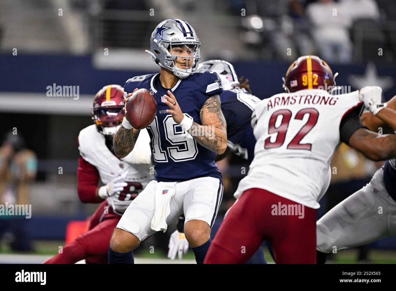 Dallas Cowboys quarterback Trey Lance (19) looks to pass the ball over ...