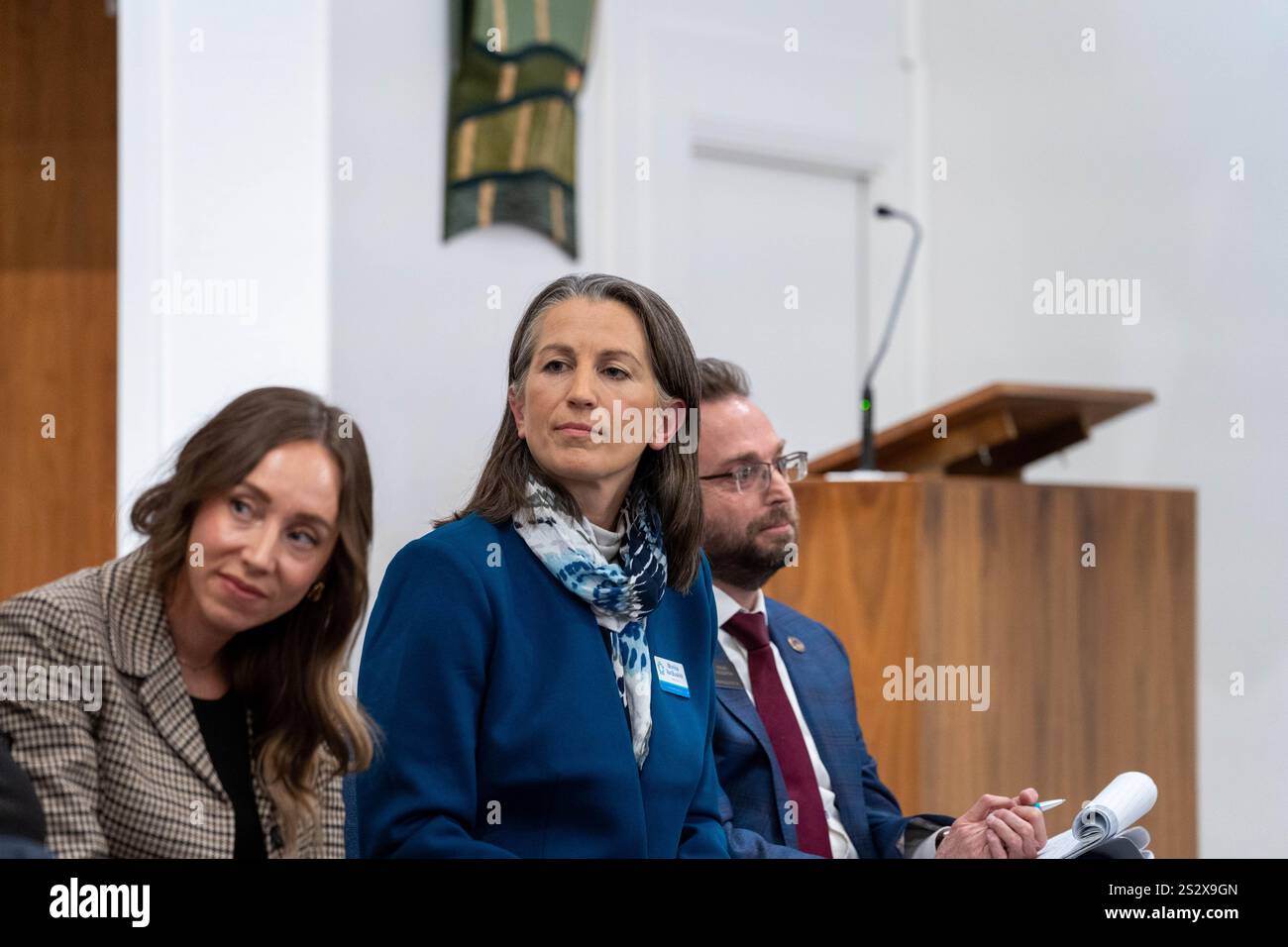 Denver, Colorado, USA. 7th Jan, 2025. Monica VanBuskirk, center, a health care policy expert, speaks to members of the Senate District 31 vacancy committee on Tuesday, Jan. 7, 2025, at the Christ Church United Methodist in Denver, Colorado. (Credit Image: © Jesse Paul/Colorado Sun via ZUMA Press Wire) EDITORIAL USAGE ONLY! Not for Commercial USAGE! Stock Photo