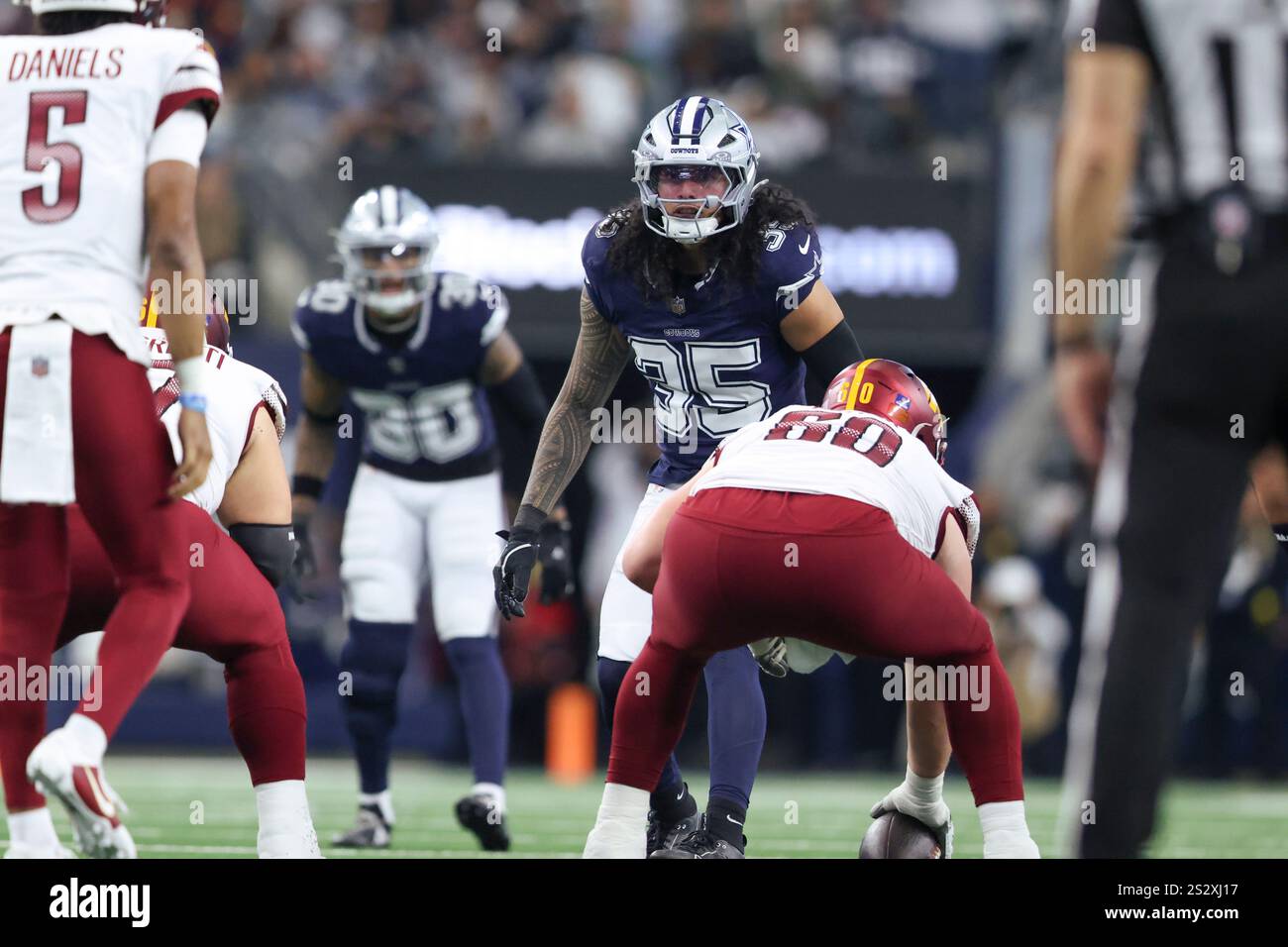Dallas Cowboys Linebacker Marist Liufau 35 Looks To The Backfield Before The Snap During A NFL Dallas Cowboys Linebacker Marist Liufau 35 Looks To The Backfield Before The Snap During A Nfl Football Game Against The Washington Commanders Sunday Jan 5 2025 In Arlington Texas The Commanders Won 23 19 Ap Photogareth Patterson 2S2XJ17