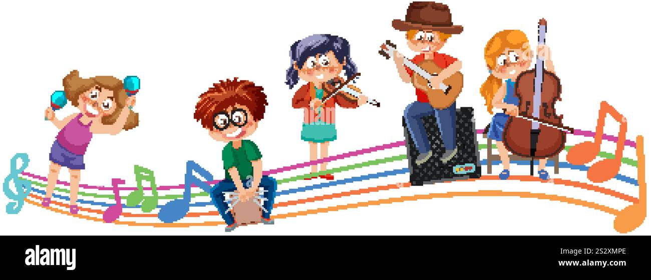 Playing Instruments Following Notes Group kids playing musical instruments hi-res stock photography and ...