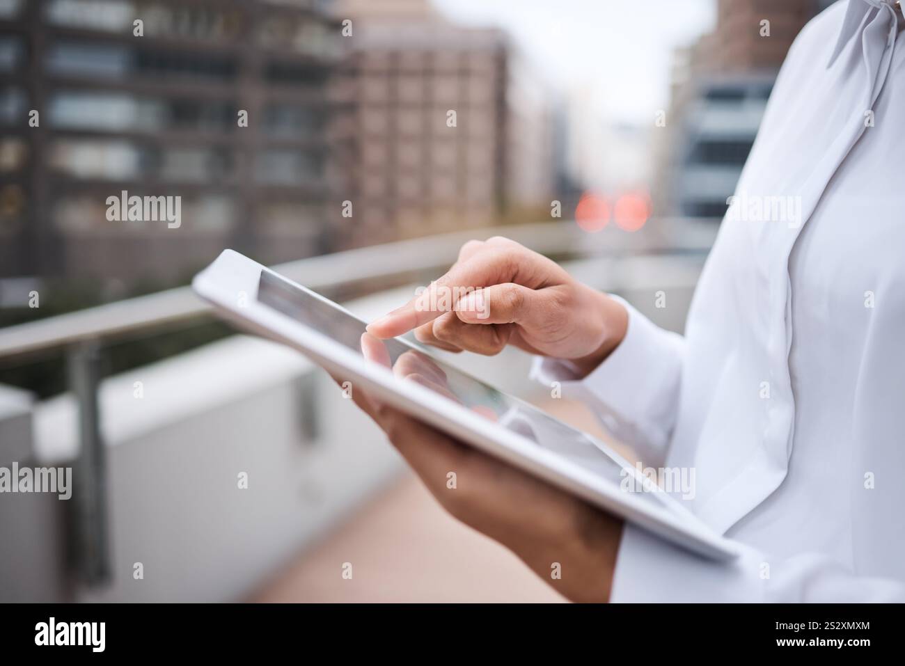 Hands, online and person with tablet, balcony and planning for ...