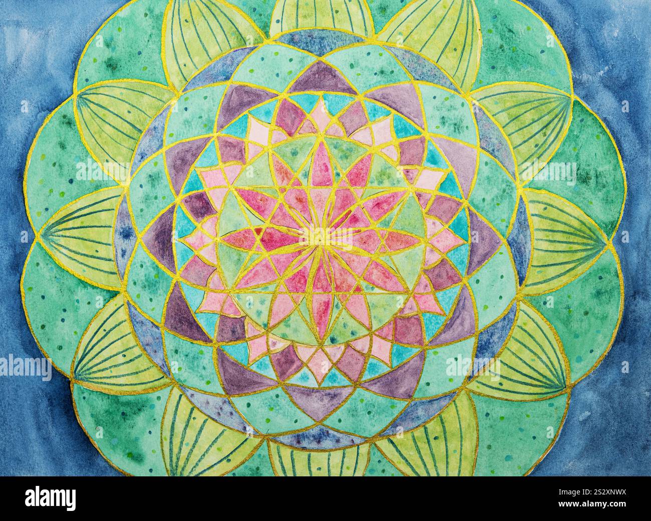 Nature mandala, heart chacra, anahata, with golden ornaments. The dabbing technique near the edges gives a soft focus effect due to the altered surfac Stock Photo