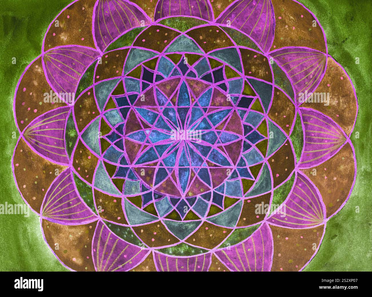 Flower mandala, heart chacra, anahata, with pink ornaments and green background. The dabbing technique near the edges gives a soft focus effect due to Stock Photo