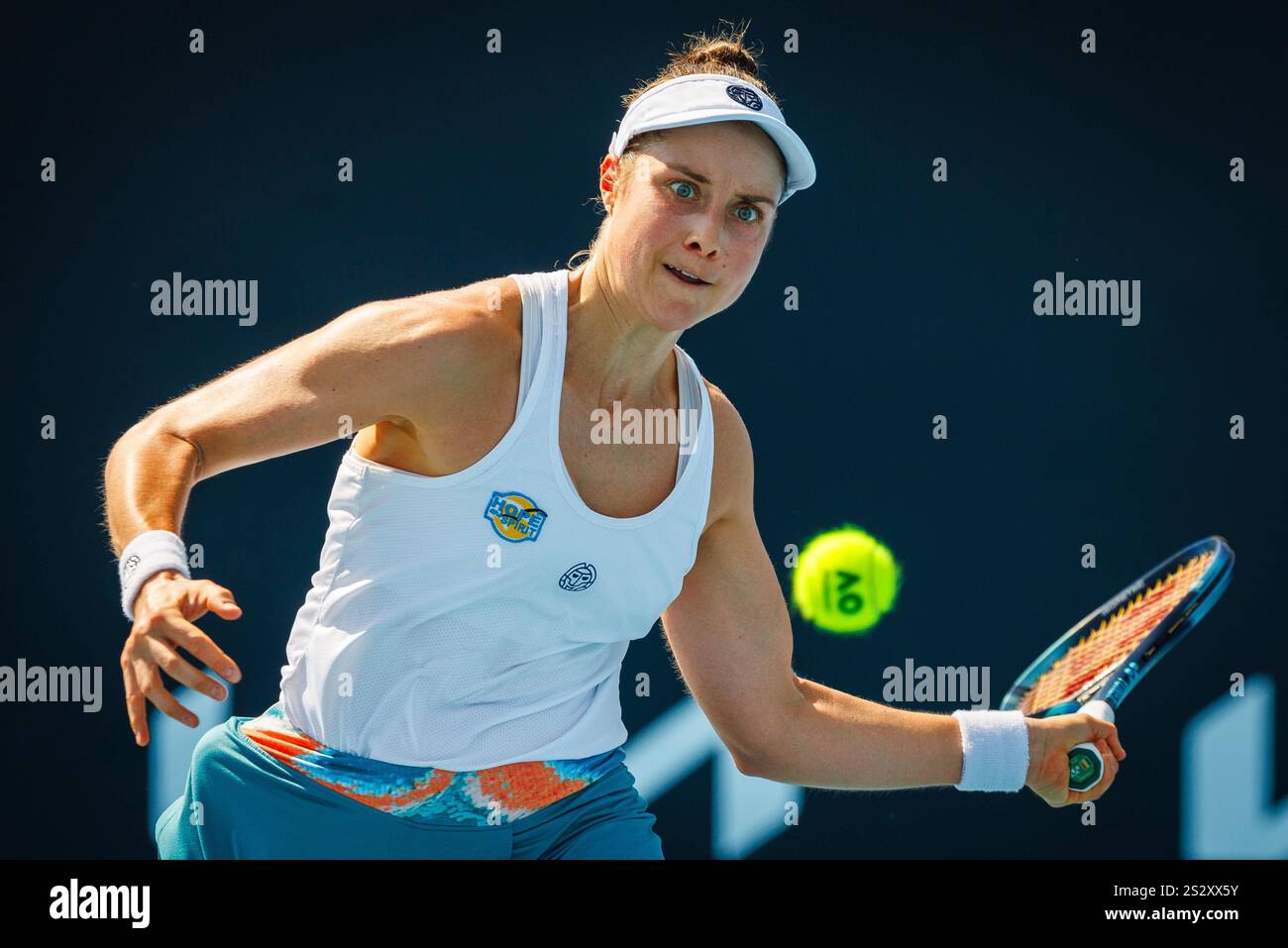 Melbourne, Australia. 08th Jan, 2025. Belgian Marie Benoit pictured during a women's qualifying singles second round game between Belgian Marie Benoit and Polish Maja Chwalinska, at the 'Australian Open' Grand Slam tennis tournament, Wednesday 08 January 2025 in Melbourne Park, Melbourne, Australia. The 2025 edition of the Australian Grand Slam takes place from January 12th to January 26th. Benoit lost her second game 1-6, 6-3, 1-6. BELGA PHOTO PATRICK HAMILTON Credit: Belga News Agency/Alamy Live News Stock Photo