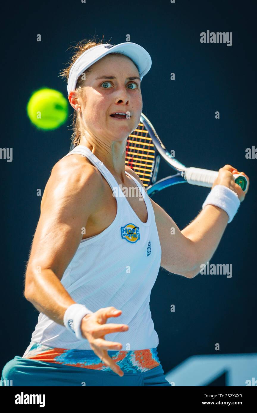 Melbourne, Australia. 08th Jan, 2025. Belgian Marie Benoit pictured during a women's qualifying singles second round game between Belgian Marie Benoit and Polish Maja Chwalinska, at the 'Australian Open' Grand Slam tennis tournament, Wednesday 08 January 2025 in Melbourne Park, Melbourne, Australia. The 2025 edition of the Australian Grand Slam takes place from January 12th to January 26th. Benoit lost her second game 1-6, 6-3, 1-6. BELGA PHOTO PATRICK HAMILTON Credit: Belga News Agency/Alamy Live News Stock Photo