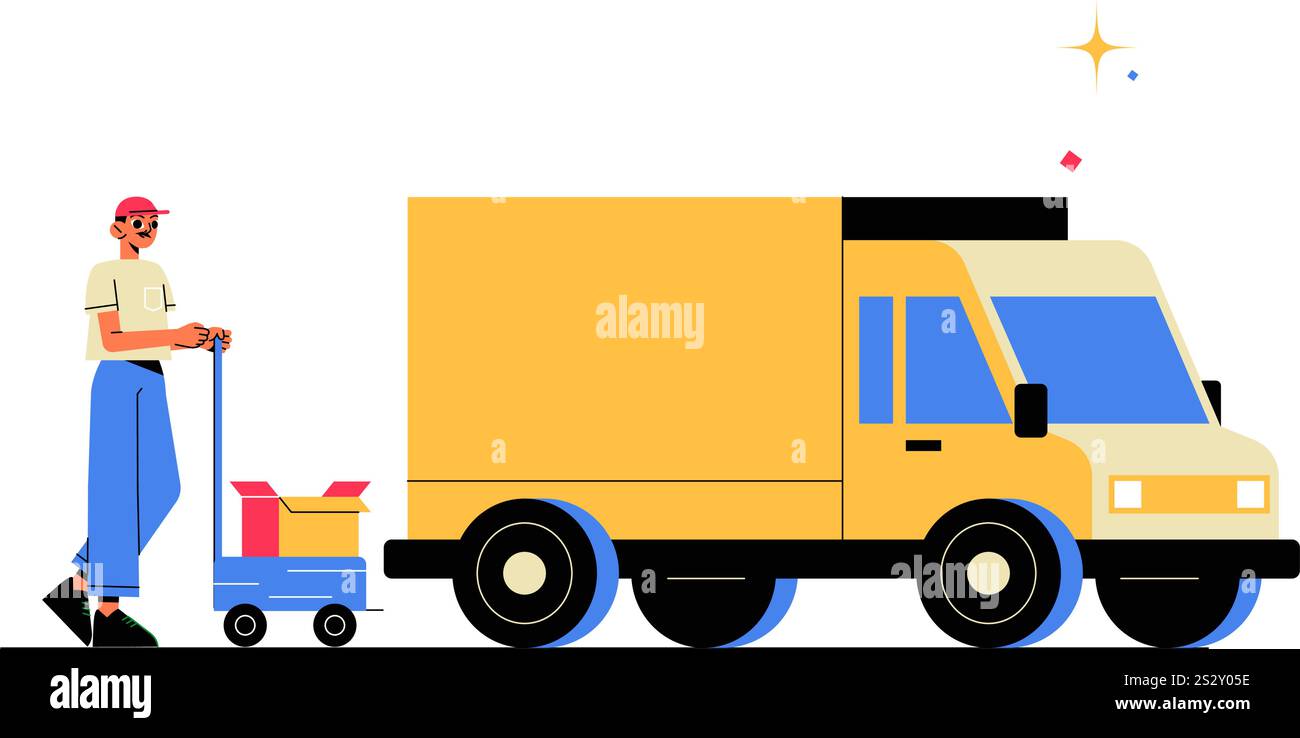 Delivery Worker With Cart And Yellow Truck In Flat Vector Illustration ...