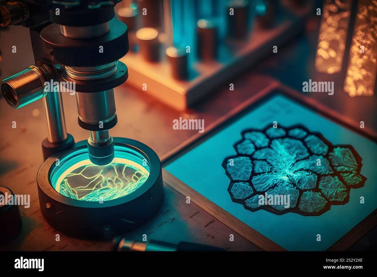 Close-up shot of microscope with metal lens at laboratory. Neural ...