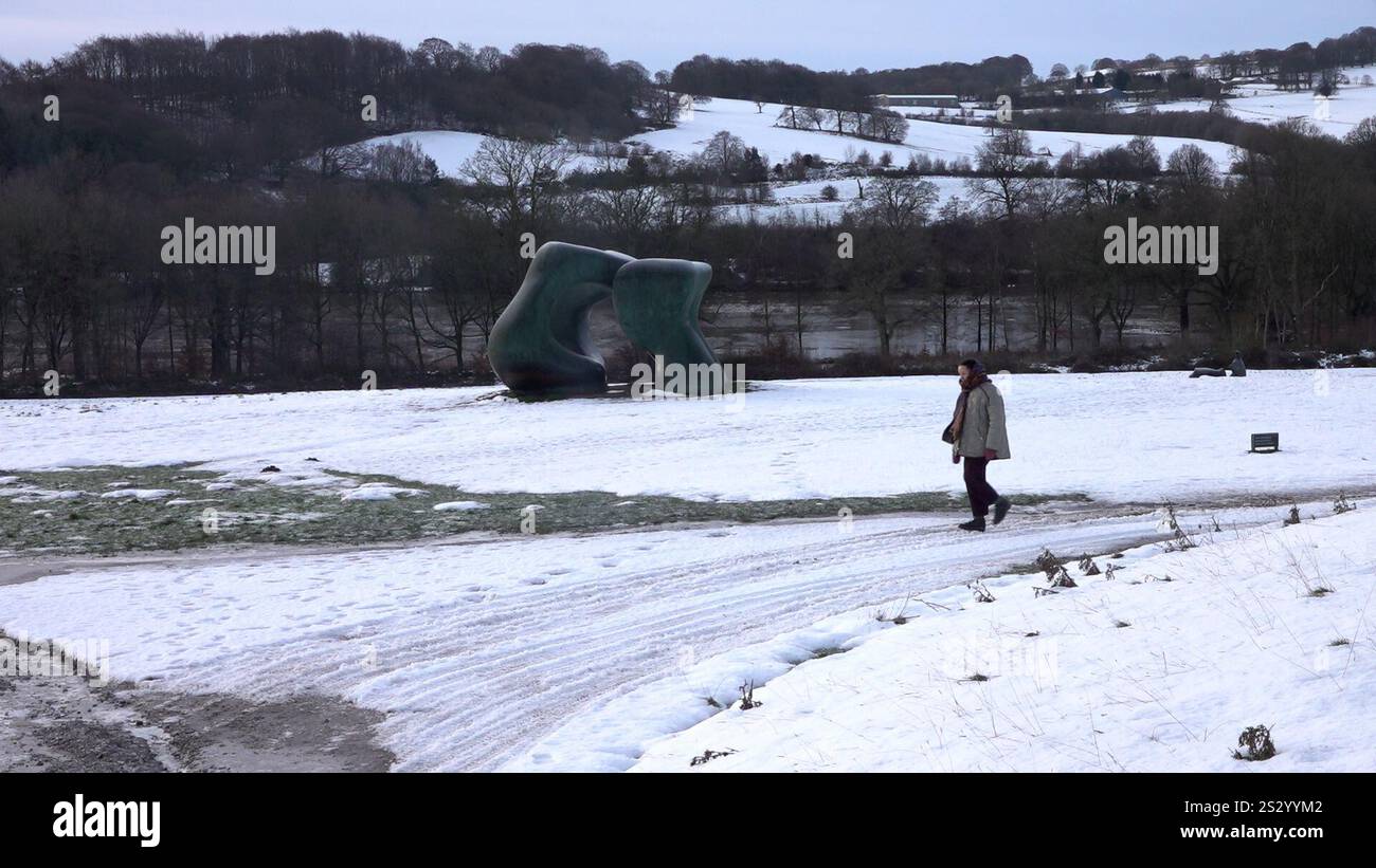 Screengrab taken from PA Video of sculptures in the snow at Yorkshire Sculpture Park (YSP), in Wakefield, West Yorkshire. Weather warnings for snow and ice are in force across much of the UK after severe flooding and snow caused travel disruption and school closures. Picture date: Wednesday January 8, 2025. Stock Photo