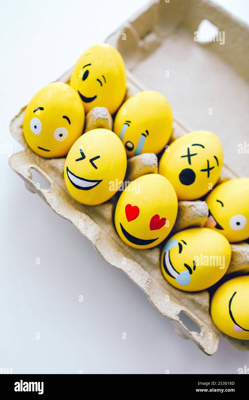 Yellow Painted Smiley Face Easter Eggs Stock Photo