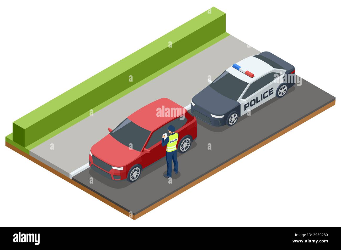 A police officer checks a red car near a green roadside area. The police vehicle is parked behind on a paved road. Isometric vector representation Stock Vector