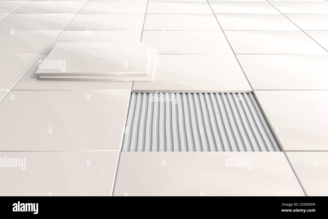 White square ceramic tiles being installed on floor 3d background Stock Photo