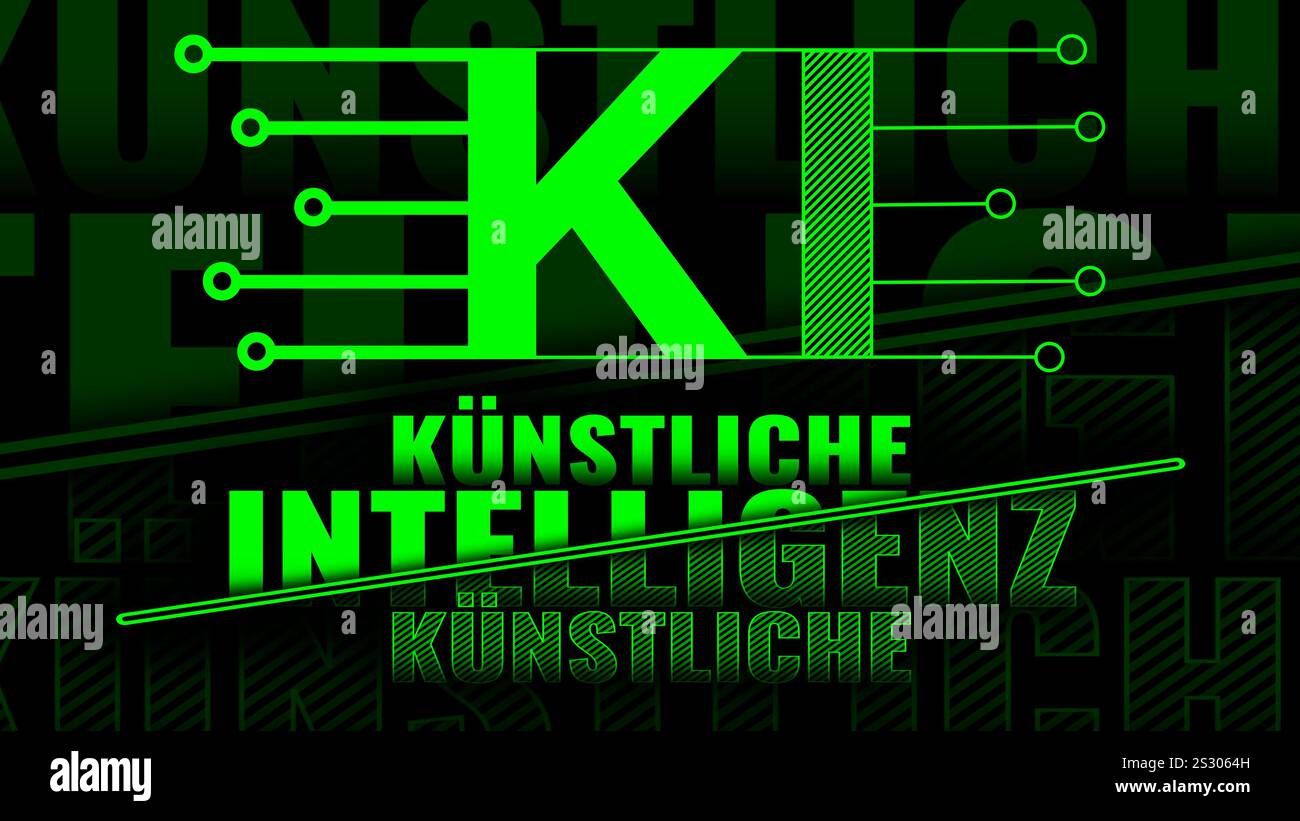 Artificial Intelligence (in german Künstliche Intelligenz) lettering - modern technology logo green design - 3D Illustration Stock Photo