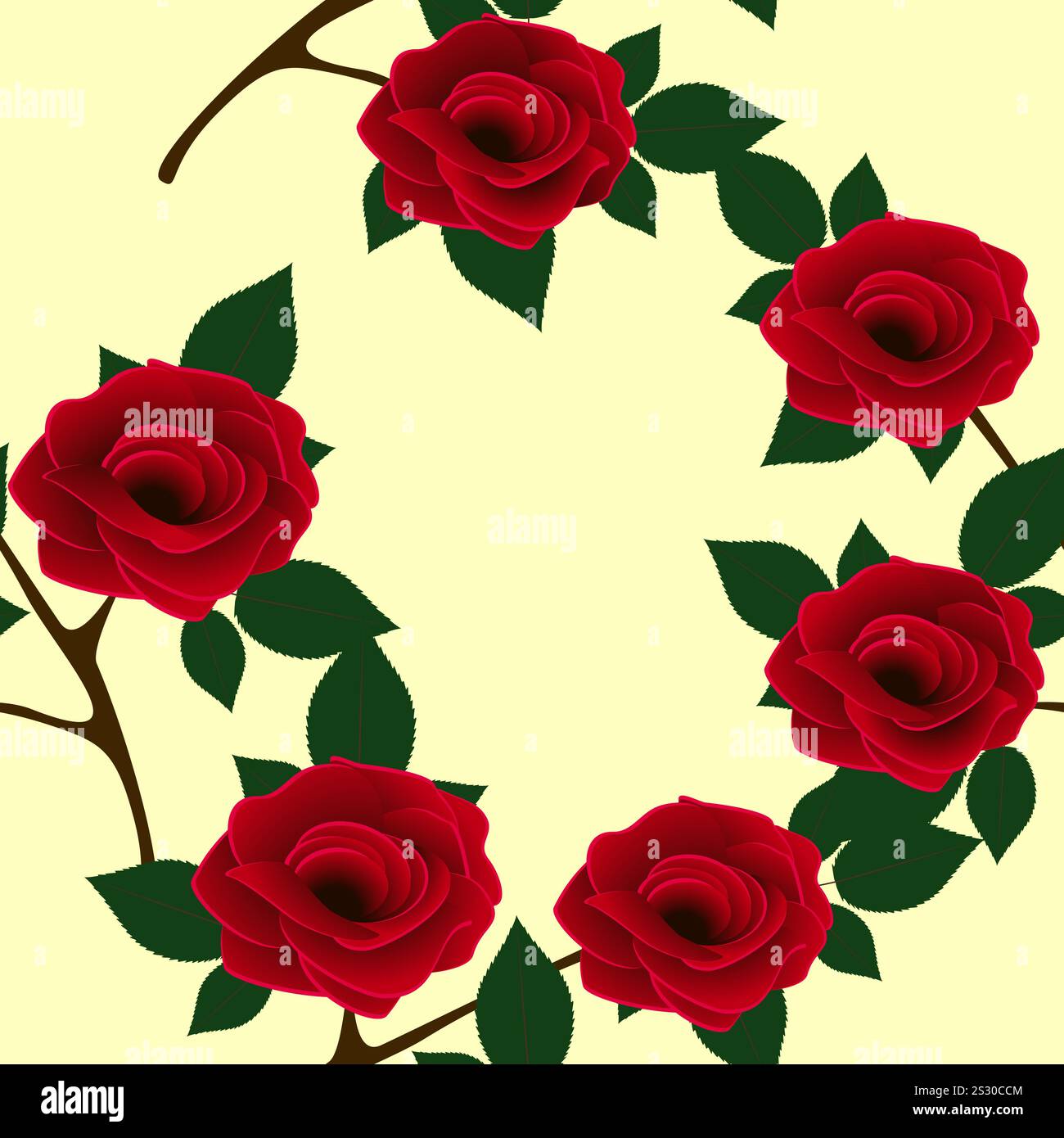 Beautiful seamless pattern with red roses on a yellow background. Stock Vector
