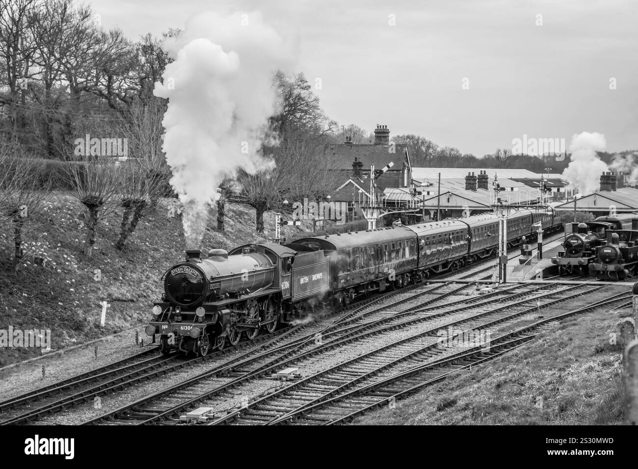 BR 'B1' 4-6-0 No. 61306 'Mayflower' departs from Horsted Keynes station on the Bluebell Railway, East Sussex, England, UK Stock Photo