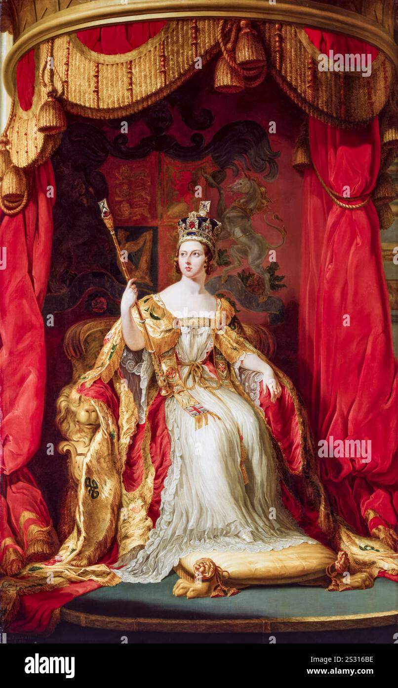 Queen Victoria of the United Kingdom in Coronation Robes. Coronation portrait painting in oil on canvas by Sir George Hayter, 1863 Stock Photo