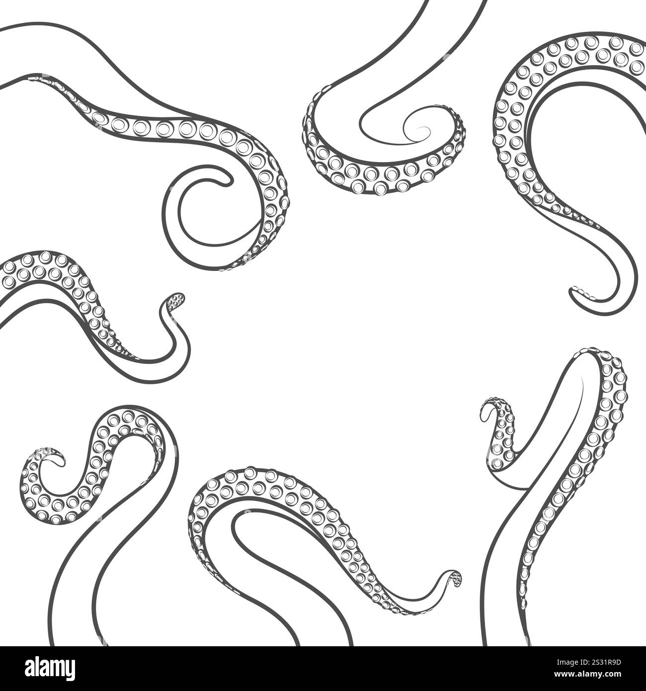 Set of black and white illustrations with octopus tentacles. Isolated