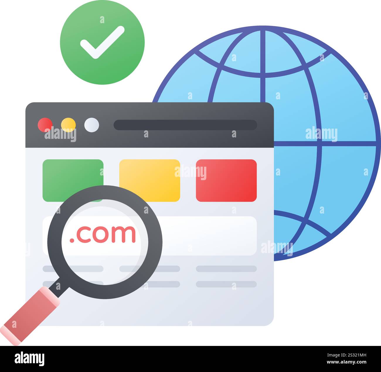 Finding and Search desired .com concept, Domain Name Top TLD finder vector color icon design, Web hosting service Symbol, Computing machines Sign, Int Stock Vector