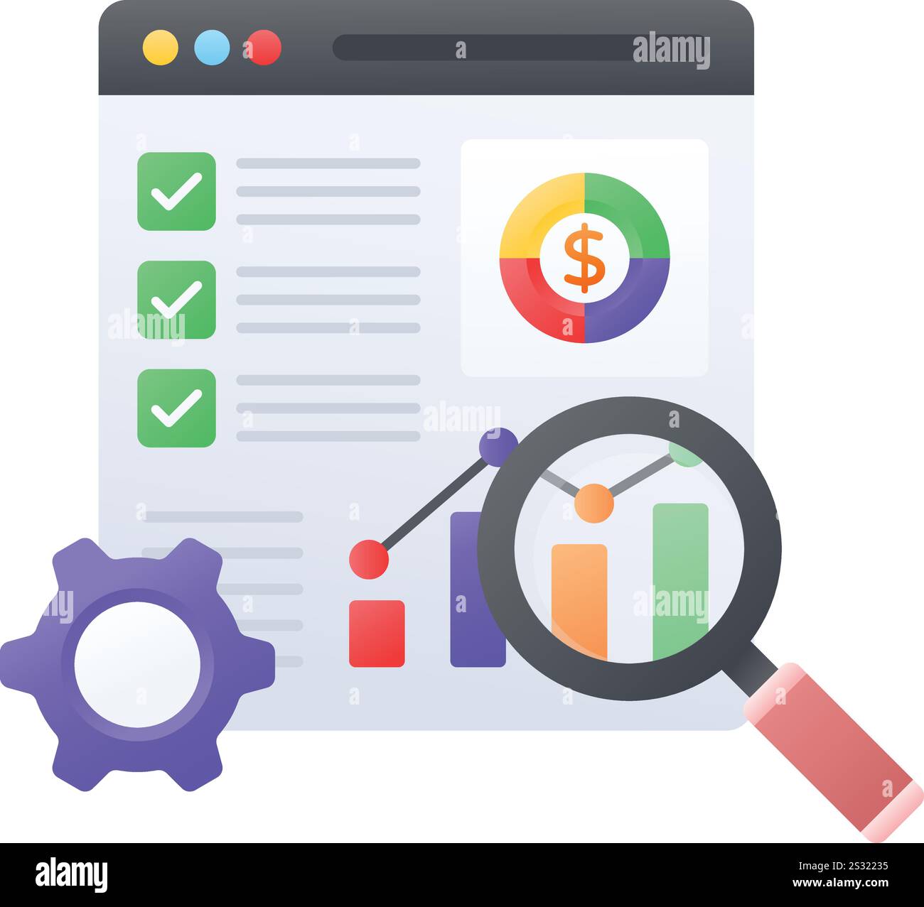 Checklist analysis from Previous project concept, Statistics Status Summary vector color icon design, Web hosting service Symbol, Computing machines S Stock Vector