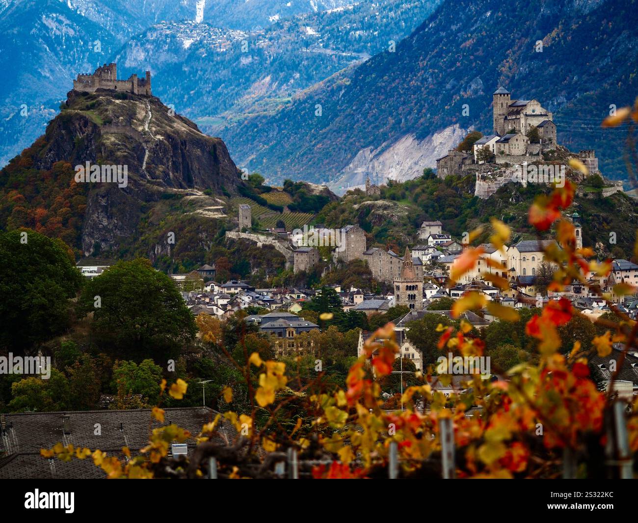 Two Catle Two castles of Sion, Switzerland from the vineyards Stock Photo - Alamy