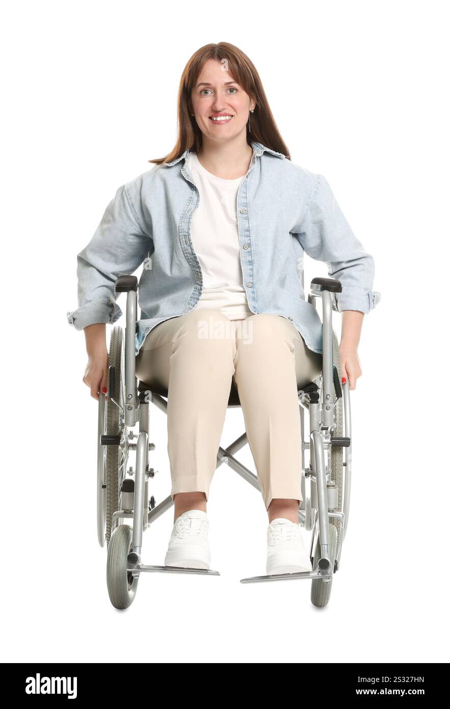 Smiling woman in wheelchair on white background Stock Photo - Alamy