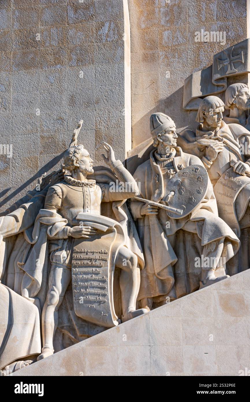 Detail of sculptures at Padrão dos Descobrimentos in Belém, Lisbon, highlighting historical figures and Portugal’s rich heritage. Stock Photo