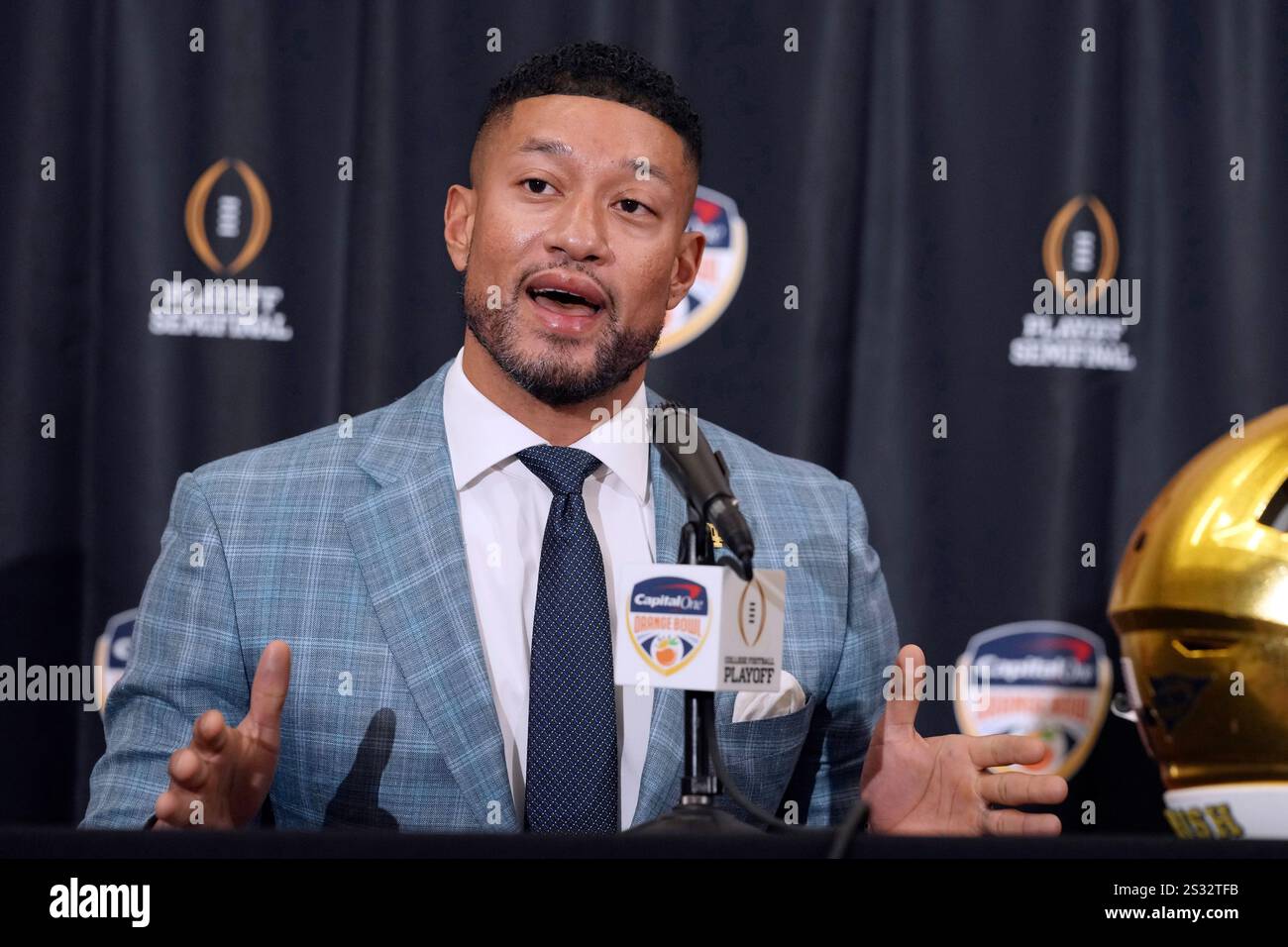 Notre Dame head coach Marcus Freeman speaks during a news conference