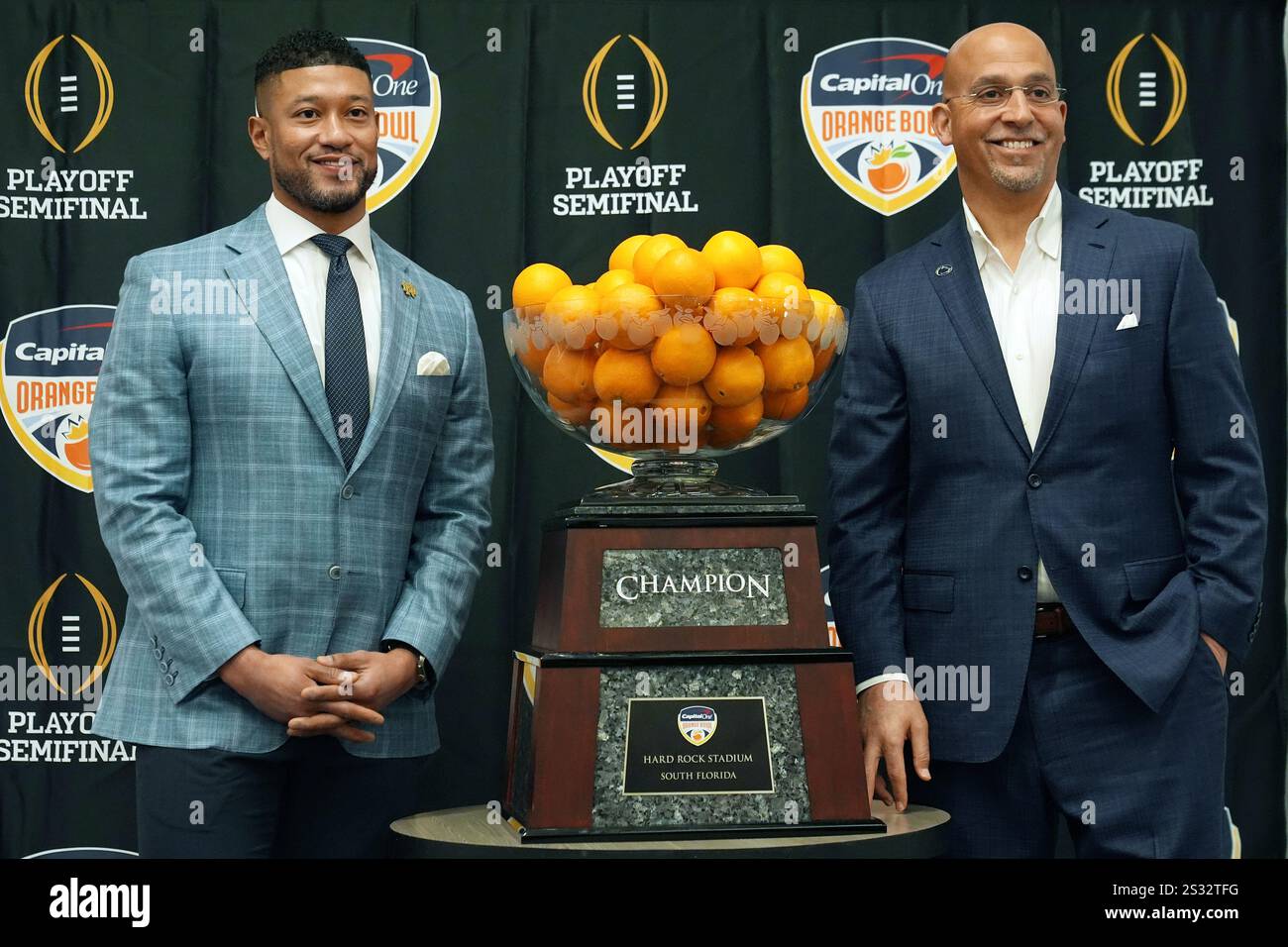Notre Dame head coach Marcus Freeman, left, and Penn State head coach
