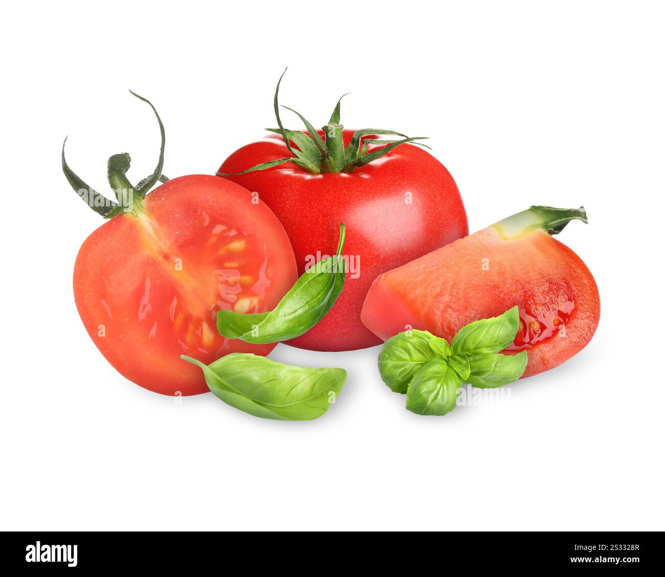 Fresh raw tomatoes and aromatic basil leaves isolated on white Stock ...