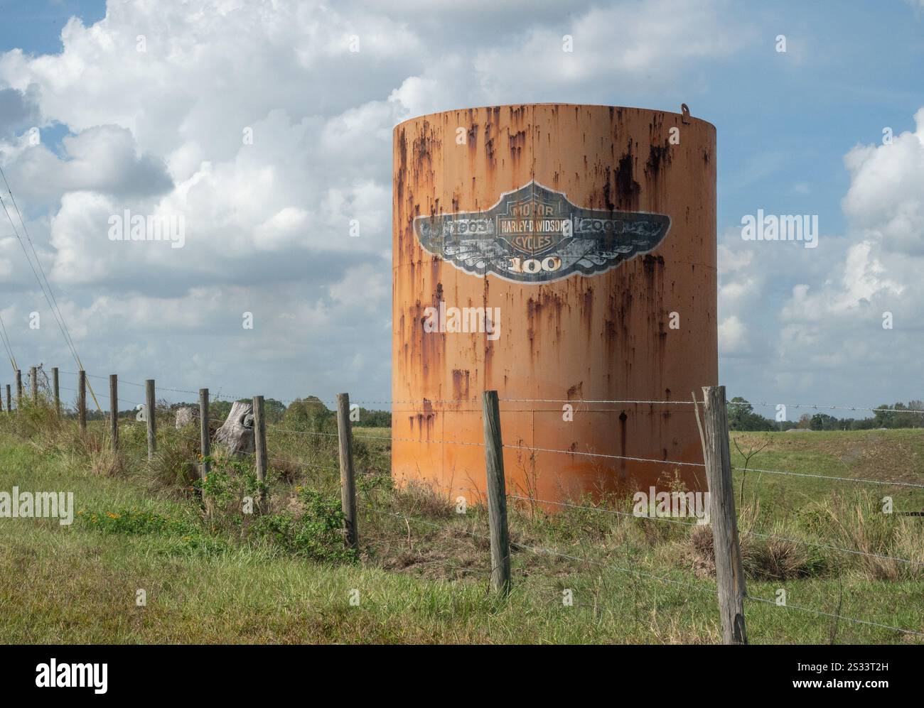 Water tank with a Harley Davidson logo in rural Florida Stock Photo
