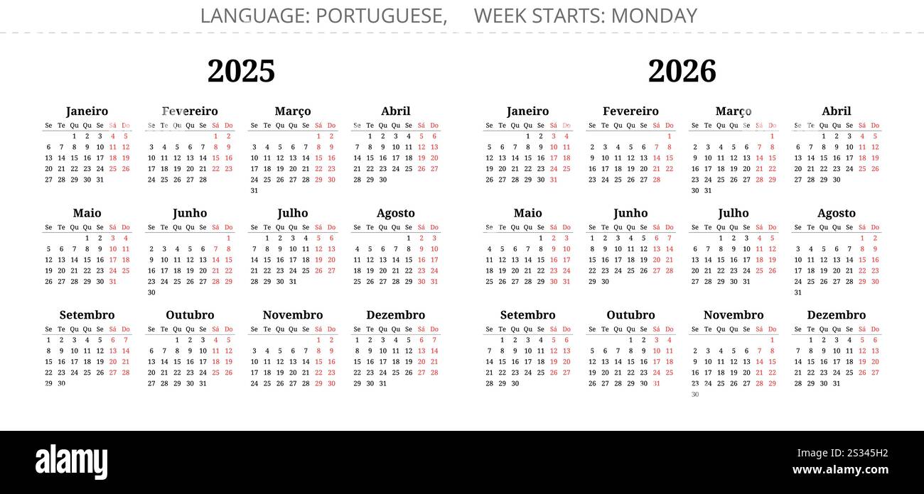 2025, 2026 years portuguese calendars. Vector illustration collection