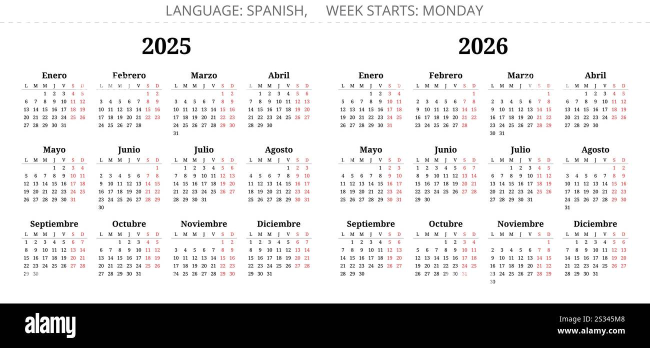2025 and 2026 spanish year calendars. Vector illustration set for Spain