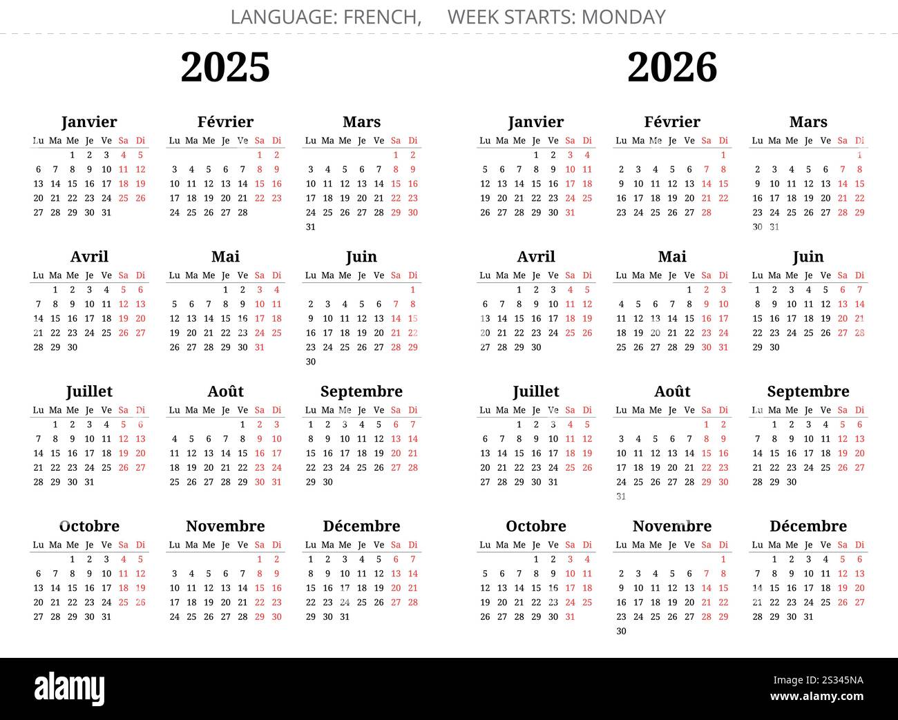2025, 2026 year french calendars. Vector illustration set for France