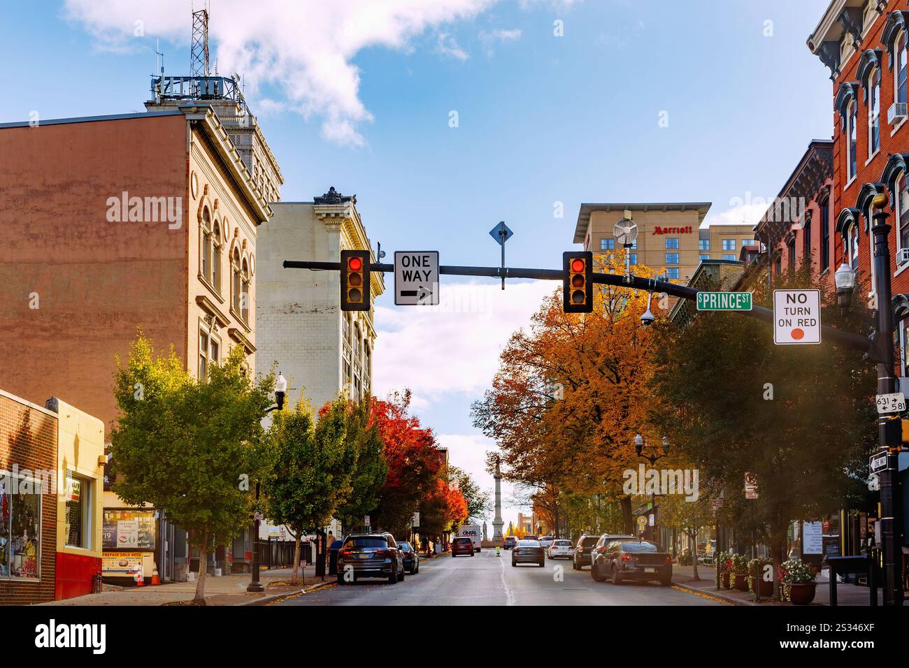 East King Street overlooking Penn Square with Soldiers and Sailors Monument in Historic Downtown in Lancaster in Pennsylvania Dutch Country, Pennsylva Stock Photo